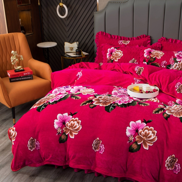 91家纺网 家纺一手货源 找家纺 冬然 2022牛奶绒夹棉床裙四件套单床裙单被套枕套花开富贵红