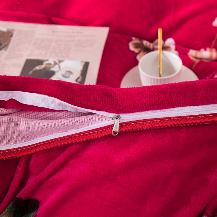 91家纺网 家纺一手货源 找家纺 冬然 2022牛奶绒夹棉床裙四件套单床裙单被套枕套花开富贵红