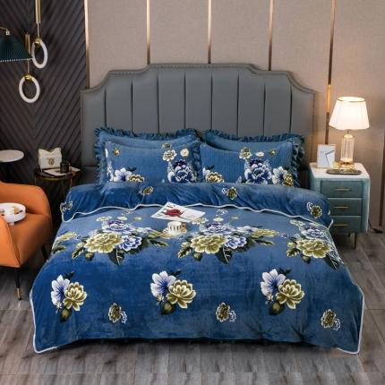 冬然 2022牛奶绒夹棉床裙四件套单床裙单被套枕套花开富贵蓝