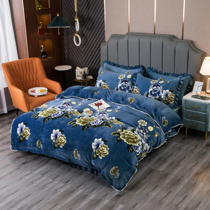 91家纺网 家纺一手货源 找家纺 冬然 2022牛奶绒夹棉床裙四件套单床裙单被套枕套花开富贵蓝