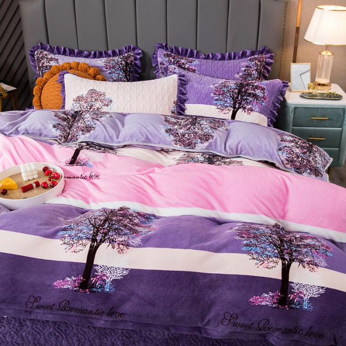 91家纺网 家纺一手货源 找家纺 冬然 2022牛奶绒夹棉床裙四件套单床裙单被套枕套 火树银花