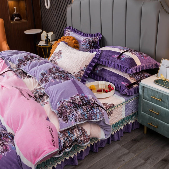 91家纺网 家纺一手货源 找家纺 冬然 2022牛奶绒夹棉床裙四件套单床裙单被套枕套 火树银花