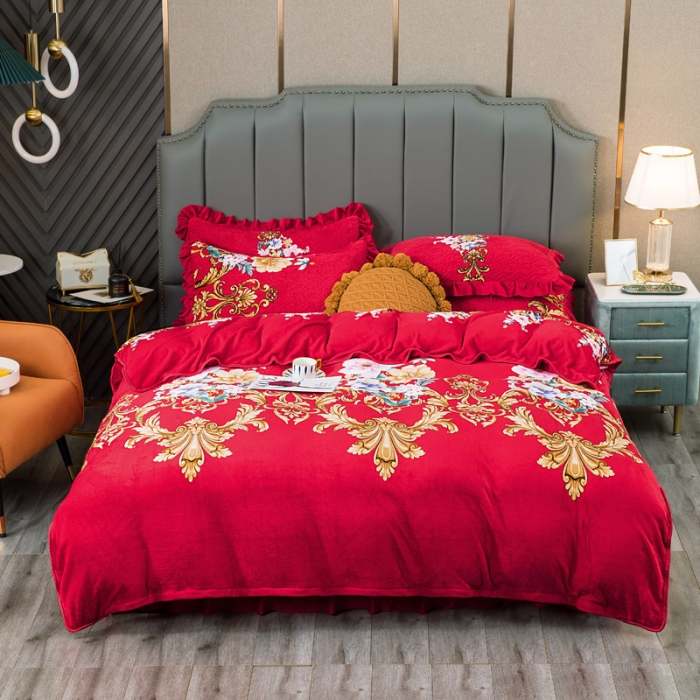 91家纺网 家纺一手货源 找家纺 冬然 牛奶绒夹棉床裙四件套单床裙单被套枕套 一生有你大红