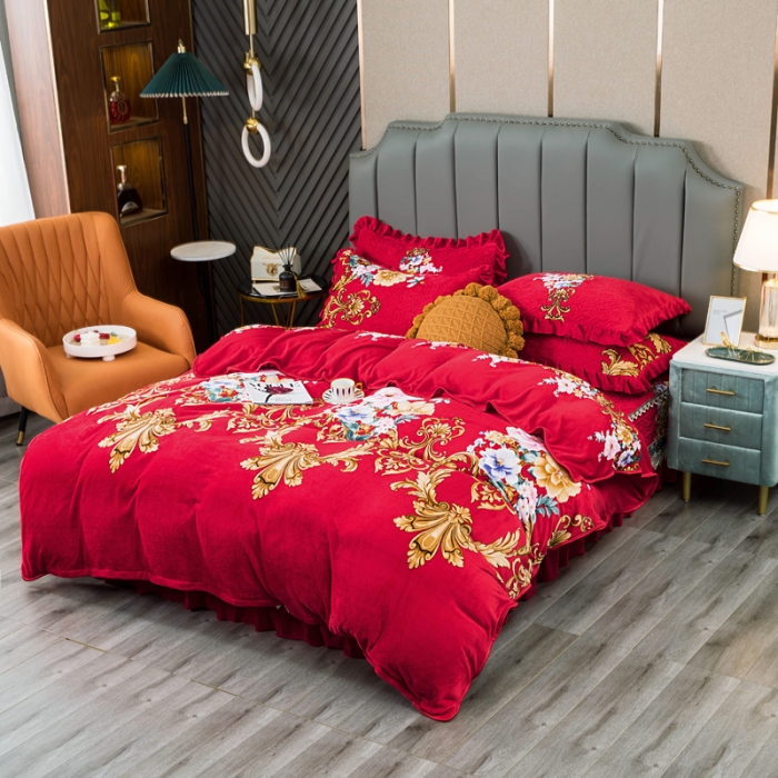 91家纺网 家纺一手货源 找家纺 冬然 牛奶绒夹棉床裙四件套单床裙单被套枕套 一生有你大红