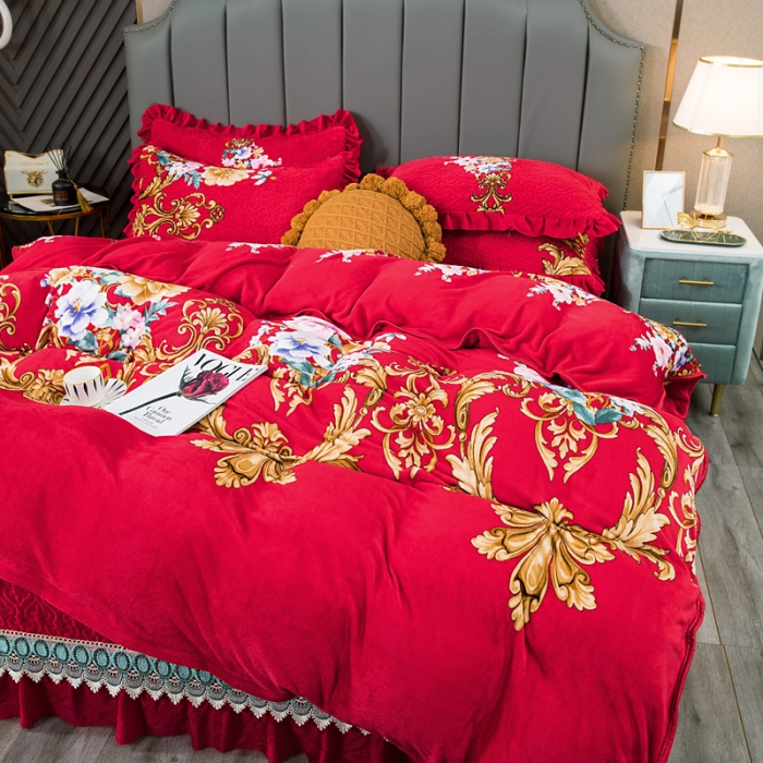 91家纺网 家纺一手货源 找家纺 冬然 牛奶绒夹棉床裙四件套单床裙单被套枕套 一生有你大红