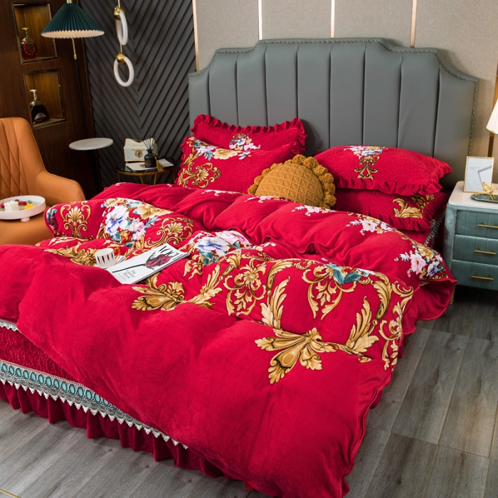 91家纺网 家纺一手货源 找家纺 冬然 牛奶绒夹棉床裙四件套单床裙单被套枕套 一生有你大红