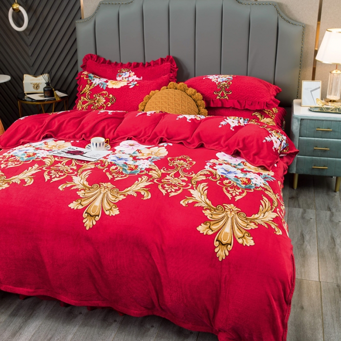 91家纺网 家纺一手货源 找家纺 冬然 牛奶绒夹棉床裙四件套单床裙单被套枕套 一生有你大红