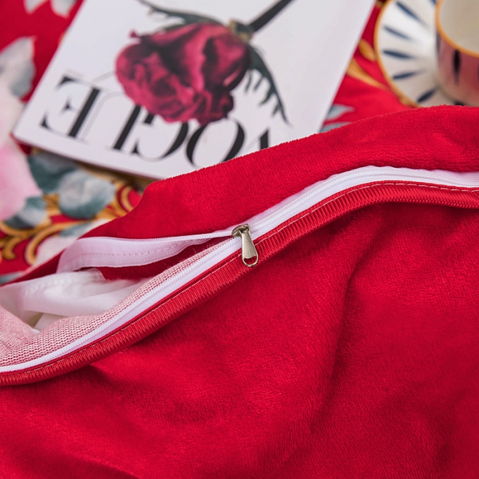 91家纺网 家纺一手货源 找家纺 冬然 牛奶绒夹棉床裙四件套单床裙单被套枕套 一生有你大红