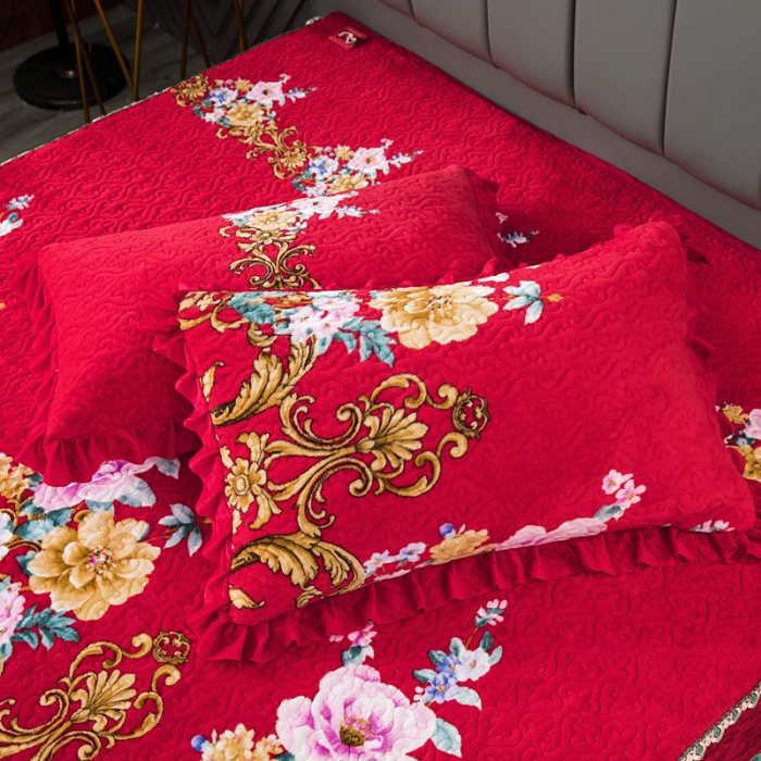 91家纺网 家纺一手货源 找家纺 冬然 牛奶绒夹棉床裙四件套单床裙单被套枕套 一生有你大红