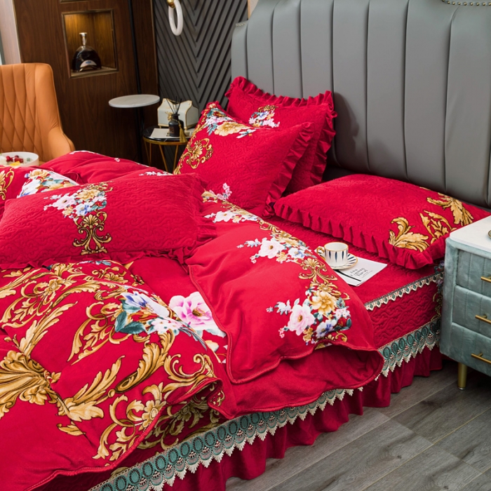 91家纺网 家纺一手货源 找家纺 冬然 牛奶绒夹棉床裙四件套单床裙单被套枕套 一生有你大红