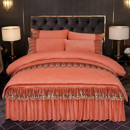 91家纺网 家纺一手货源 找家纺 2025新款保暖水晶绒床裙款四件套橘色