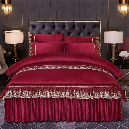 91家纺网 家纺一手货源 找家纺 2025新款保暖水晶绒床裙款四件套 酒红