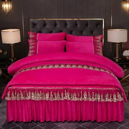 91家纺网 家纺一手货源 找家纺 2025新款保暖水晶绒床裙款四件套 玫红