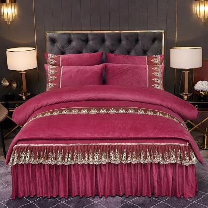 91家纺网 家纺一手货源 找家纺 2025新款保暖水晶绒床裙款四件套 深豆沙