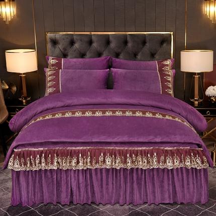 91家纺网 家纺一手货源 找家纺 2025新款保暖水晶绒床裙款四件套 深紫