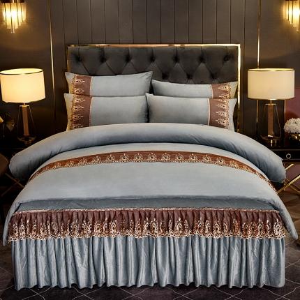 91家纺网 家纺一手货源 找家纺 2025新款保暖水晶绒床裙款四件套 灰色