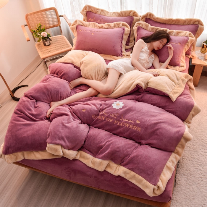 91家纺网 家纺一手货源 找家纺 笙意 新款牛奶绒刺绣四件套繁华系列 繁花-豆沙