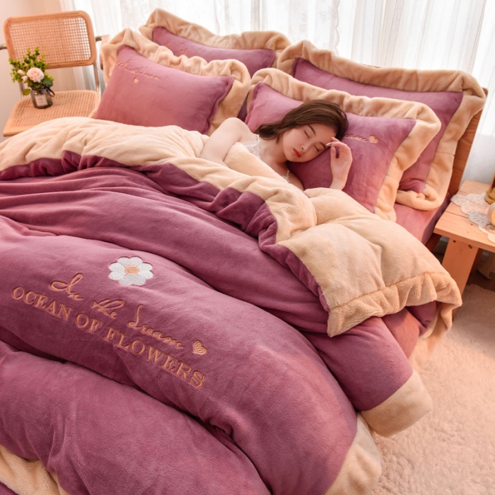 91家纺网 家纺一手货源 找家纺 笙意 新款牛奶绒刺绣四件套繁华系列 繁花-豆沙