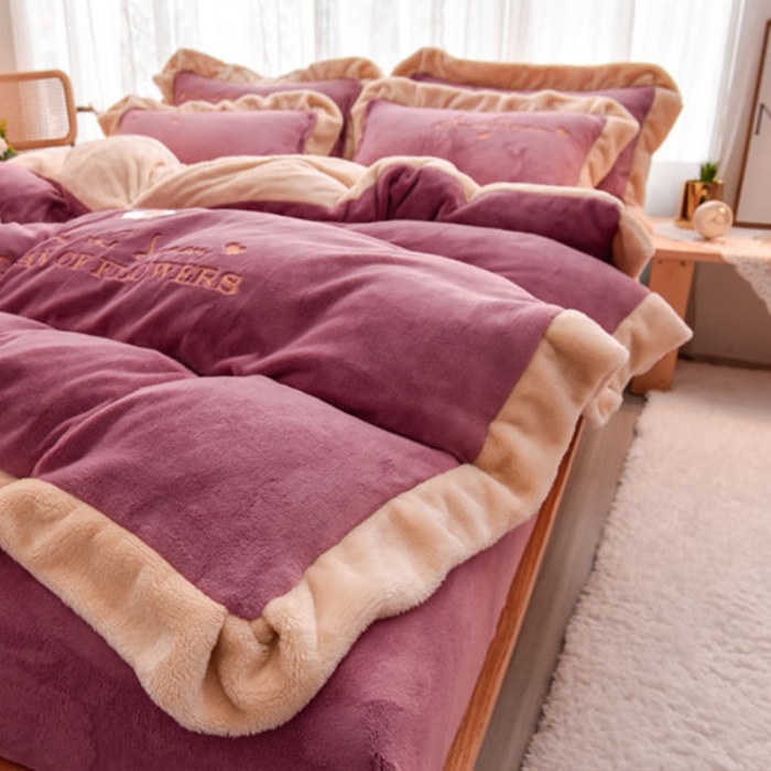 91家纺网 家纺一手货源 找家纺 笙意 新款牛奶绒刺绣四件套繁华系列 繁花-豆沙