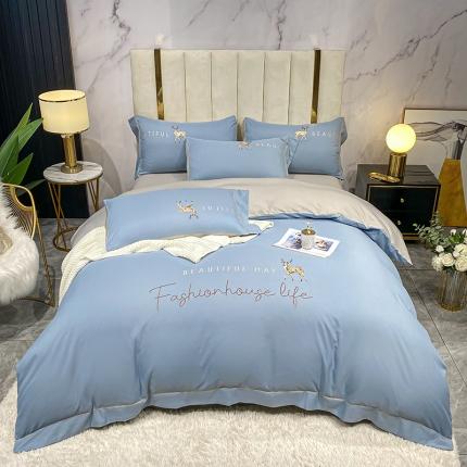 91家纺网 家纺一手货源 找家纺 金麦 2021亲肤刺绣磨毛四件套一鹿有你系列一鹿有你-海洋蓝