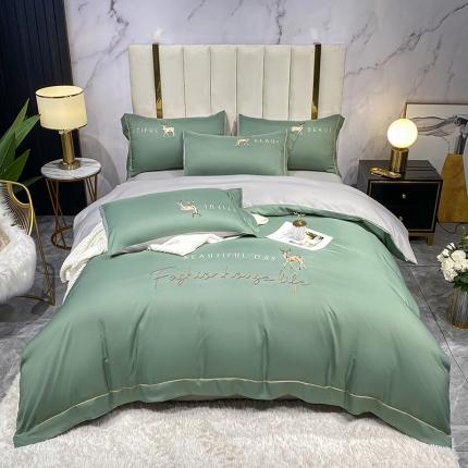 91家纺网 家纺一手货源 找家纺 金麦 2021亲肤刺绣磨毛四件套一鹿有你系列一鹿有你-灰草绿