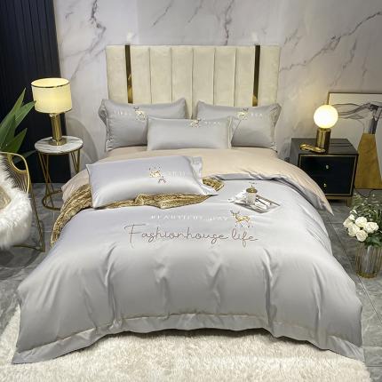 91家纺网 家纺一手货源 找家纺 金麦 2021亲肤刺绣磨毛四件套一鹿有你系列一鹿有你-牧野灰