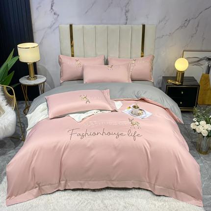 91家纺网 家纺一手货源 找家纺 金麦 2021亲肤刺绣磨毛四件套一鹿有你系列一鹿有你-浅豆沙