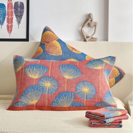 91家纺网 家纺一手货源 找家纺 朴尔家纺民族风彩棉系列四层纱布枕巾52*78cm梦幻蒲公英红