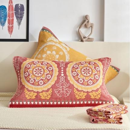 91家纺网 家纺一手货源 找家纺 朴尔家纺民族风彩棉系列四层纱布枕巾52*78cm太阳花红