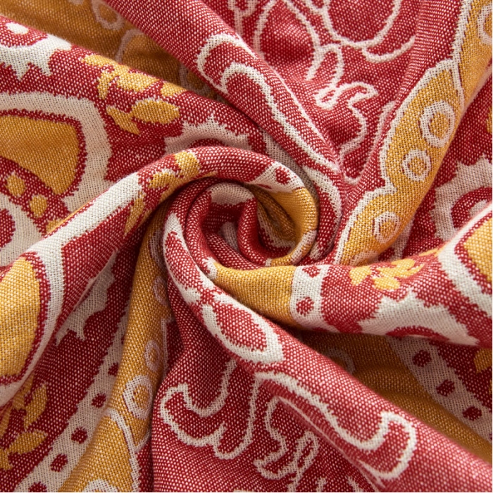 91家纺网 家纺一手货源 找家纺 朴尔家纺民族风彩棉系列四层纱布枕巾52*78cm太阳花红