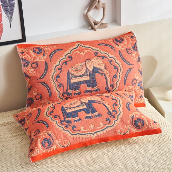 91家纺网 家纺一手货源 找家纺 朴尔家纺民族风彩棉系列四层纱布枕巾52*78cm印象派橘