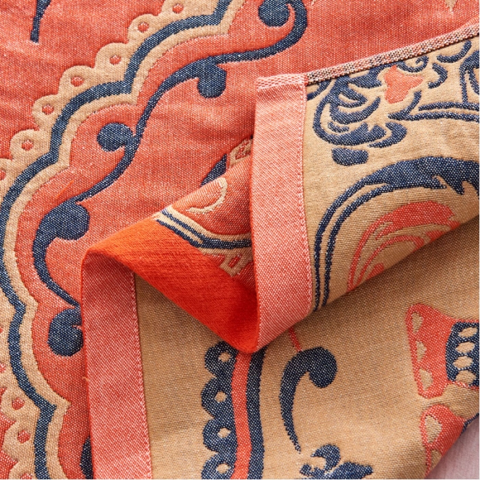 91家纺网 家纺一手货源 找家纺 朴尔家纺民族风彩棉系列四层纱布枕巾52*78cm印象派橘
