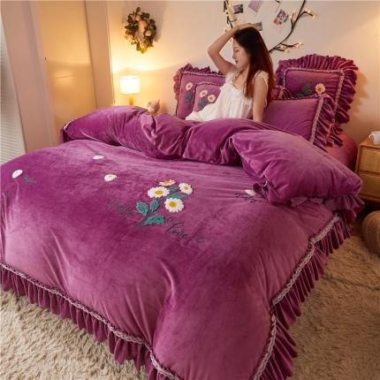 91家纺网 家纺一手货源 找家纺 铠畅2021新款水晶绒床裙款四件套梦幻系列 梦幻豆沙