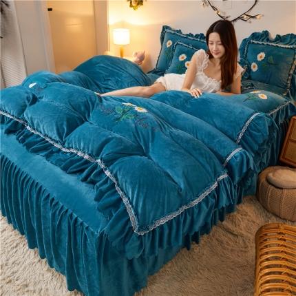 91家纺网 家纺一手货源 找家纺 铠畅2021新款水晶绒床裙款四件套梦幻系列 梦幻石青