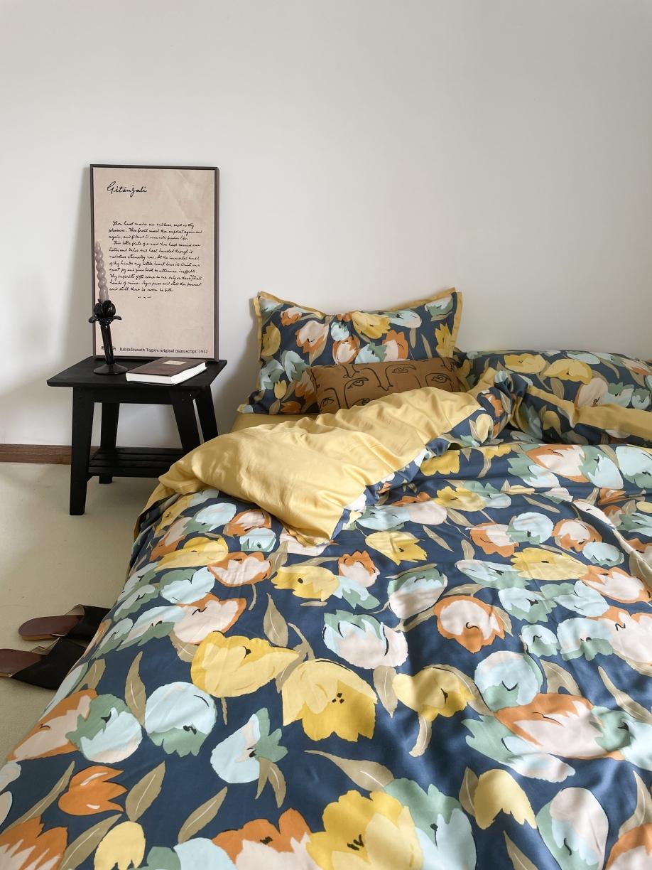 91家纺网 家纺一手货源 找家纺 恋恋三季 2021 秋冬新品60支长绒棉贡缎四件套诗妍-湖蓝