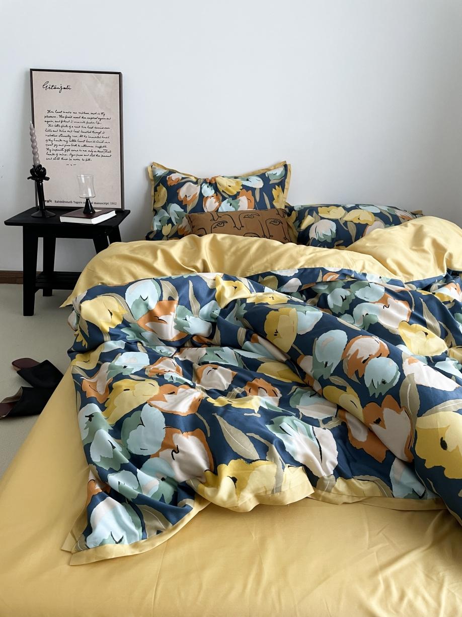 91家纺网 家纺一手货源 找家纺 恋恋三季 2021 秋冬新品60支长绒棉贡缎四件套诗妍-湖蓝