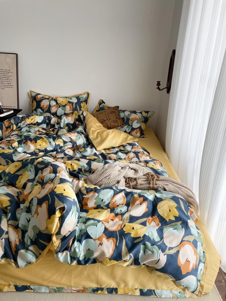 91家纺网 家纺一手货源 找家纺 恋恋三季 2021 秋冬新品60支长绒棉贡缎四件套诗妍-湖蓝