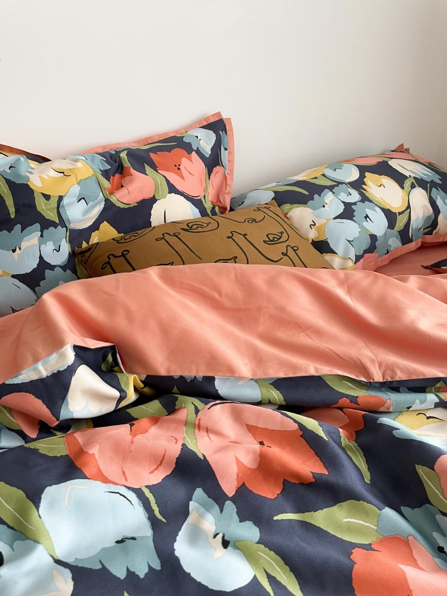 91家纺网 家纺一手货源 找家纺 恋恋三季 2021 秋冬新品60支长绒棉贡缎四件套诗妍-深蓝