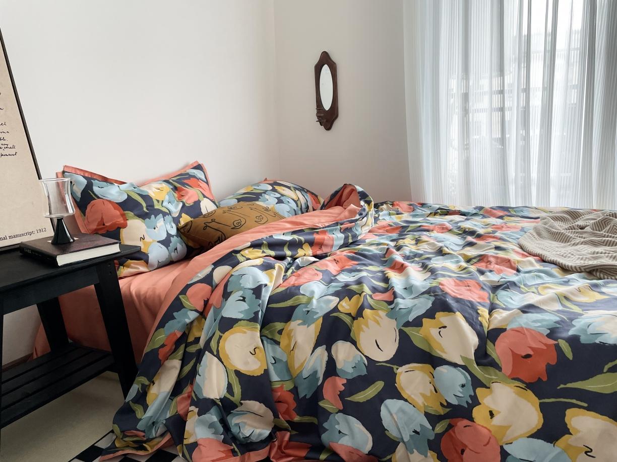 91家纺网 家纺一手货源 找家纺 恋恋三季 2021 秋冬新品60支长绒棉贡缎四件套诗妍-深蓝