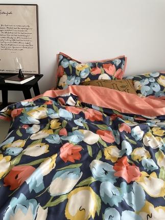 恋恋三季 2021 秋冬新品60支长绒棉贡缎四件套诗妍-深蓝