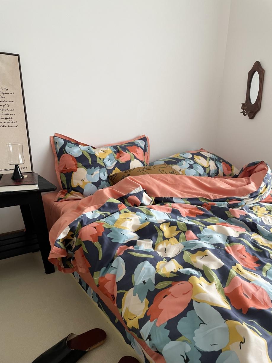 91家纺网 家纺一手货源 找家纺 恋恋三季 2021 秋冬新品60支长绒棉贡缎四件套诗妍-深蓝