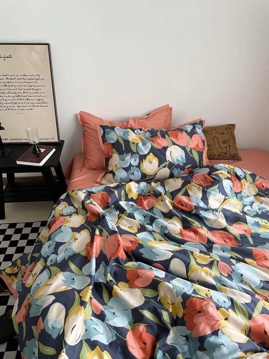 91家纺网 家纺一手货源 找家纺 恋恋三季 2021 秋冬新品60支长绒棉贡缎四件套诗妍-深蓝