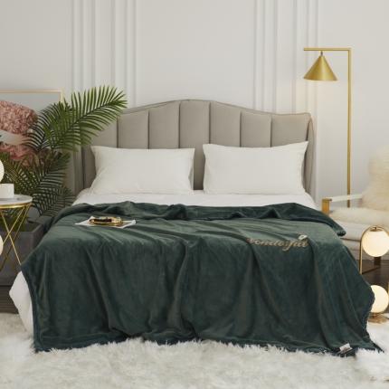 锦罗绣 2021新款高端牛奶绒刺绣款多功能盖毯 字母-墨绿