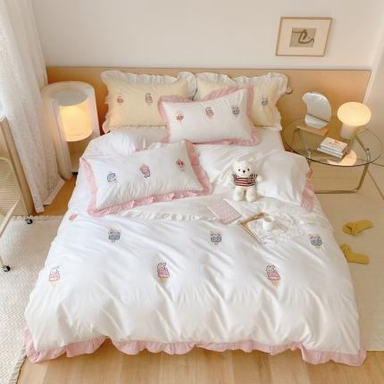 91家纺网 家纺一手货源 找家纺 （总）本希新款40全棉水洗棉荷叶边刺绣小清新四件套