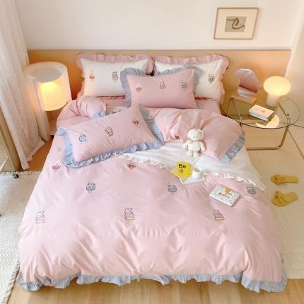 91家纺网 家纺一手货源 找家纺 （总）本希新款40全棉水洗棉荷叶边刺绣小清新四件套