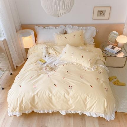 91家纺网 家纺一手货源 找家纺 （总）本希新款40全棉水洗棉荷叶边刺绣小清新四件套