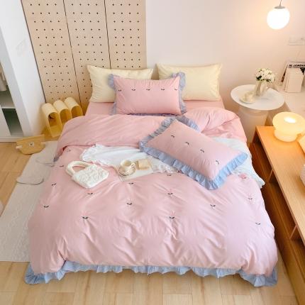 91家纺网 家纺一手货源 找家纺 （总）本希新款40全棉水洗棉荷叶边刺绣小清新四件套