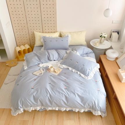 91家纺网 家纺一手货源 找家纺 （总）本希新款40全棉水洗棉荷叶边刺绣小清新四件套