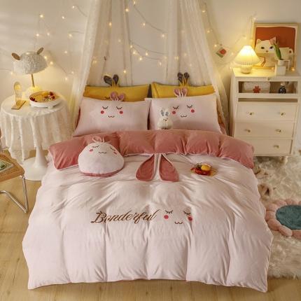 纽缦 2021新款兔耳朵水晶绒床单床笠四件套 兔子  粉豆沙