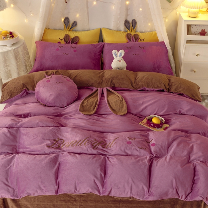 91家纺网 家纺一手货源 找家纺 纽缦 2021新款兔耳朵水晶绒床单床笠四件套 兔子 豆沙咖